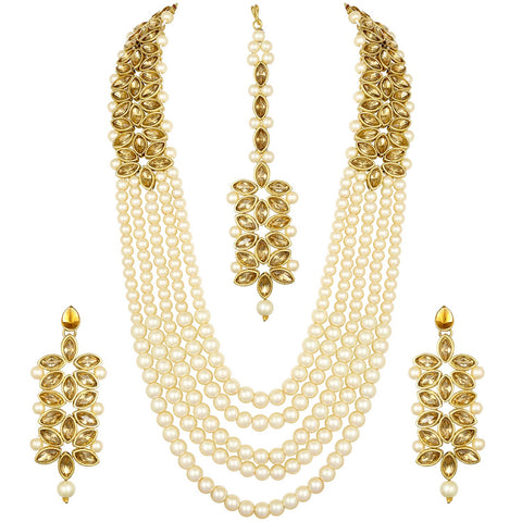 Aheli Classy Faux Kundan Beaded Pearl Long Necklace with Maang Tikka Set Indian Ethnic Wedding Bridal Jewelry for Women