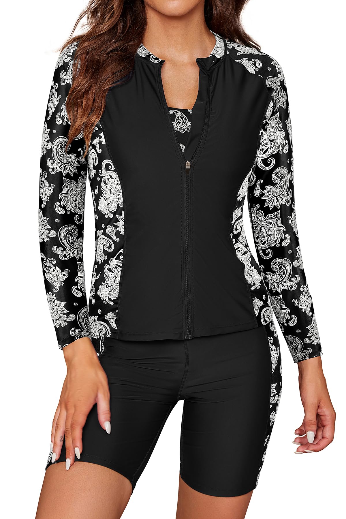 SHEKINI Women's 3 Piece Rash Guard Long Sleeve Swimsuits Zip Bathing Suits with Pants UPF 50+ Shirt Black/Paisley