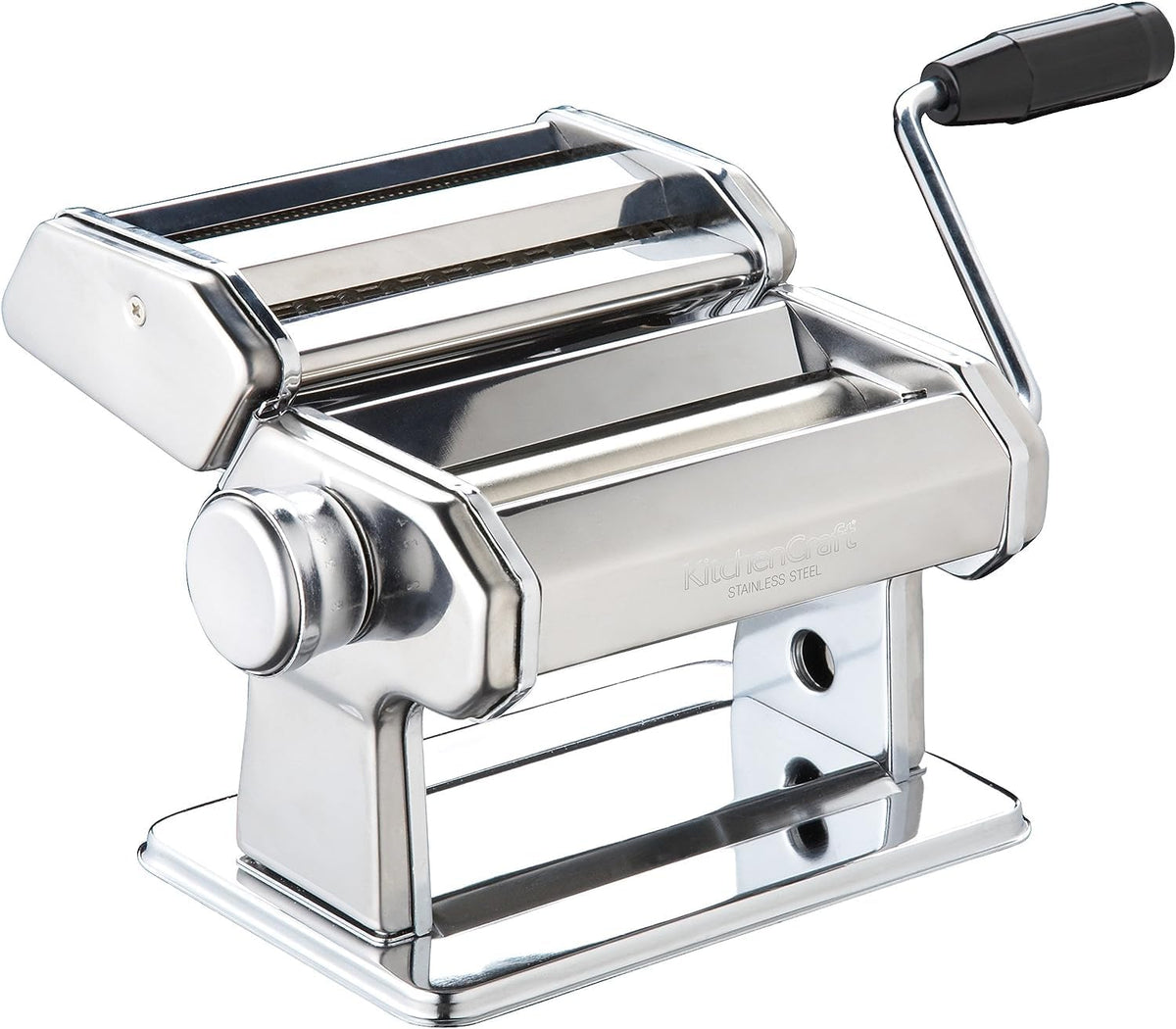World of Flavours Pasta Maker, Manual Pasta Machine with 9 Adjustable Thickness, Italian Deluxe Double Cutter, Stainless Steel