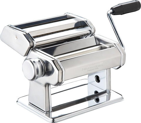 World of Flavours Pasta Maker, Manual Pasta Machine with 9 Adjustable Thickness, Italian Deluxe Double Cutter, Stainless Steel