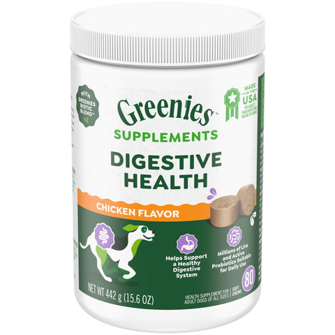 Greenies Supplements Digestive Health Probiotics for Dogs Chicken Flavor, 80 Count Soft Chews Dog Probiotics, 15.6 oz. Pouch