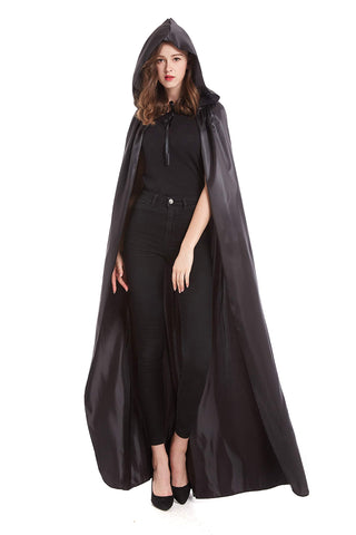 Diffly 59" Satin Hooded Cape Unisex Halloween Cloak for Devil Witch Wizard Halloween Christmas Cosplay (Black)