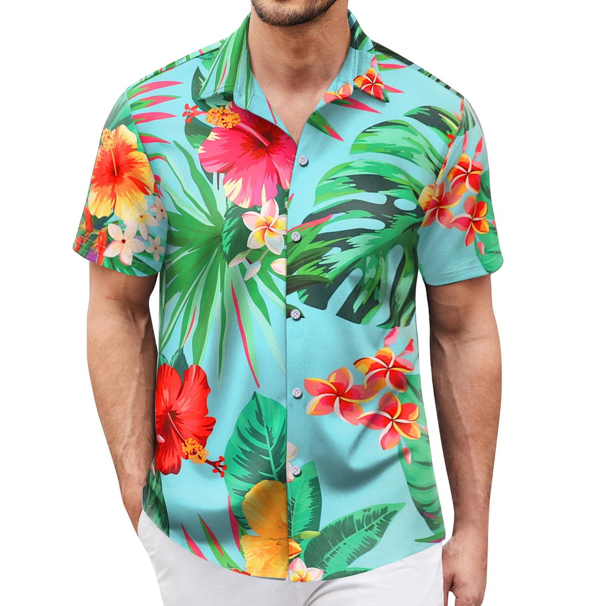Rioofinx Hawaiian Shirt for Men Sleeves Printed Casual Button Down Summer Beach Dress Shirts, Green Flower, Large
