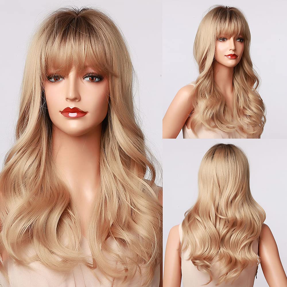 HAIRCUBE Long Honey Blonde wigs for Women Long Curly Blonde Wig with Bangs Natural Synthetic Wig for Daily Use Party Cosplay Taking Photos Pelucas De Cabello natural (Honey Blonde)