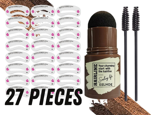 GETTFULLY Eyebrow Stamp Stencil Kit | 1pc Long-lasting Waterproof Eyebrow Stamp, 24pcs Reusable Stencils, 2pcs Delicate Brow Brush | Eyebrow Make Up Kit (27 pieces) (Dark Grey)