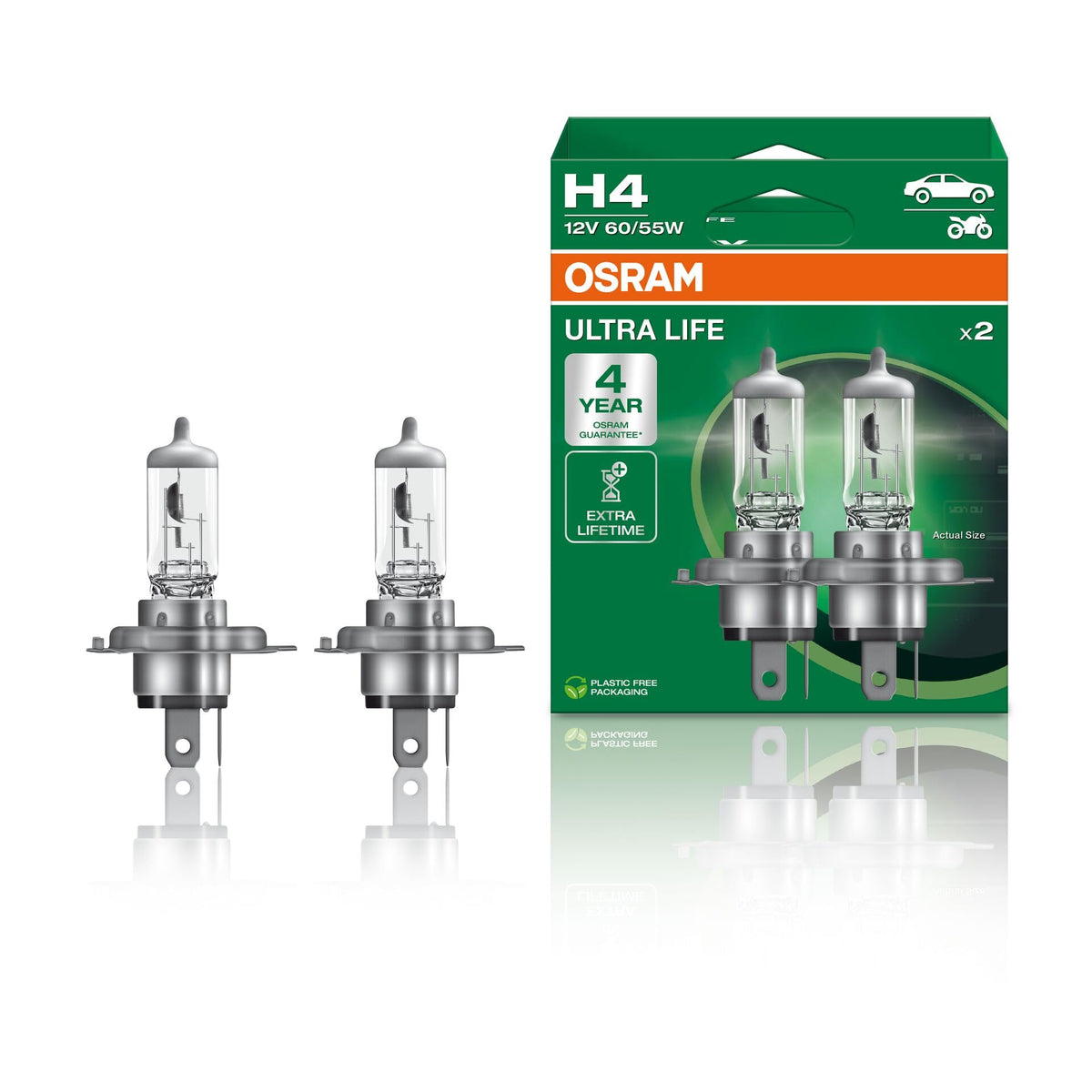 OSRAM ULTRA LIFE H4, halogen headlamp, 64193ULT-HCB, 12 V passenger car, duobox (2 units), Duo Box