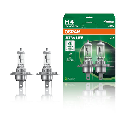 OSRAM ULTRA LIFE H4, halogen headlamp, 64193ULT-HCB, 12 V passenger car, duobox (2 units), Duo Box