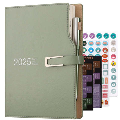 Academic Diary 2025 A5 Day to Page,Schedule Organizer with Calendar Stickers, Agenda Diary Planner with Pen Holder and Pen,Premium Thicker Paper 14 X 21.5 cm (Green)