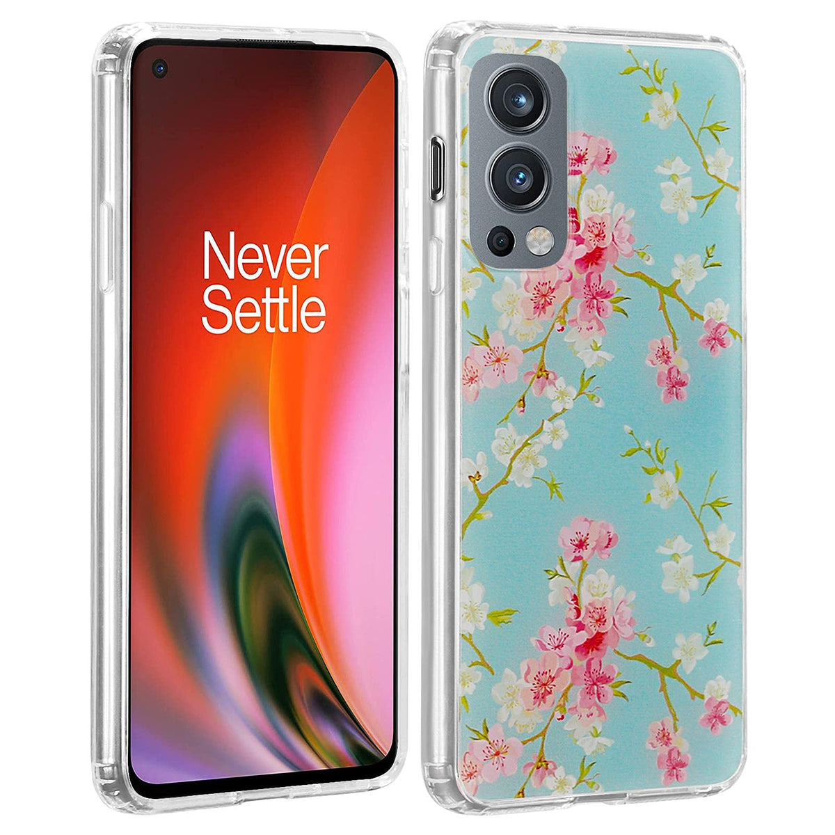 32nd Floral Gel Series - Transparent Clear Case with Floral Design for OnePlus Nord 2 5G, Hard Back Cover with TPU Gel Edges - Spring Blue