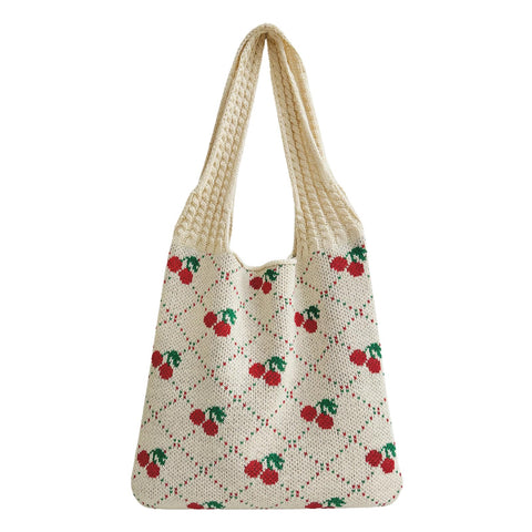 Ovida Cute Plaid Cherry Crochet Bags for Women Summer Travel Beach Tote Bag Y2k Aesthetic Knit Bag Fairy Grunge Accessories
