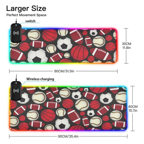 Football Soccer Baseball Sports Fan Wireless Charging Mouse Pad for Mobile Phone Extra Large Gaming Mousepad with 13 Lighting Modes Computer Mat for Gaming MacBook PC Laptop Desk Home Office