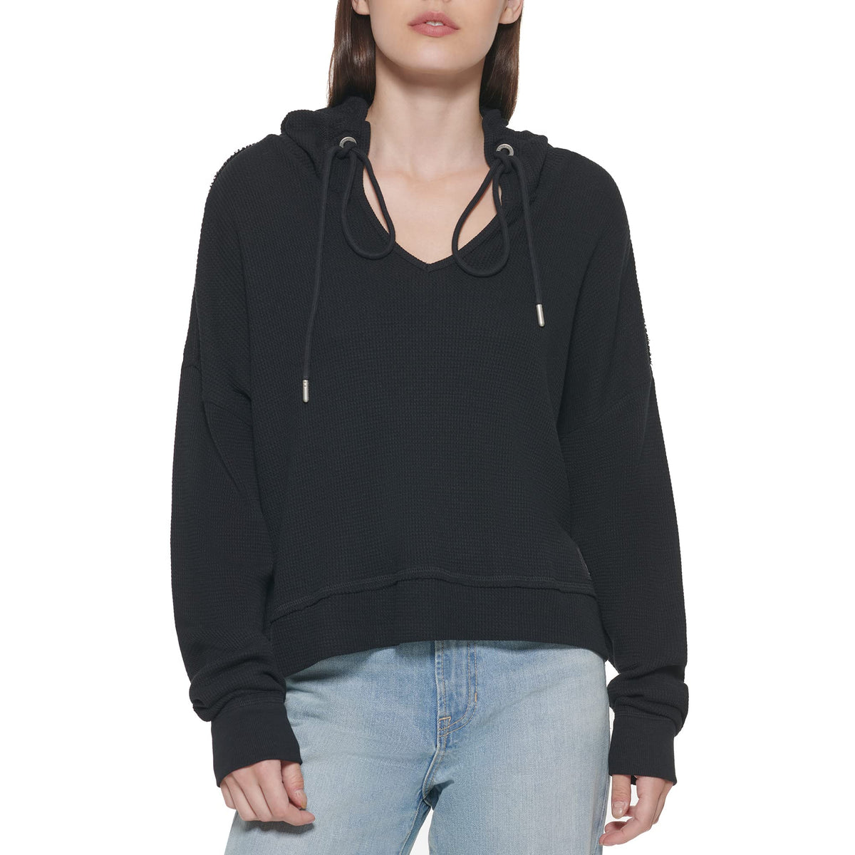 DKNY Women's Hooded Waffle Top Jacket, BLK
