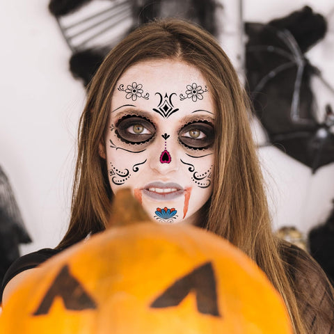 Day of the Dead Face Tattoos - 10 Sheets Halloween Temporary Tattoos Face Stickers Kit DÃƒÆ’Ã‚Â­a de Los Muertos Glitter Red Roses Skeleton Sugar Skull Fake Tattoo for Halloween Makeup on Face Body