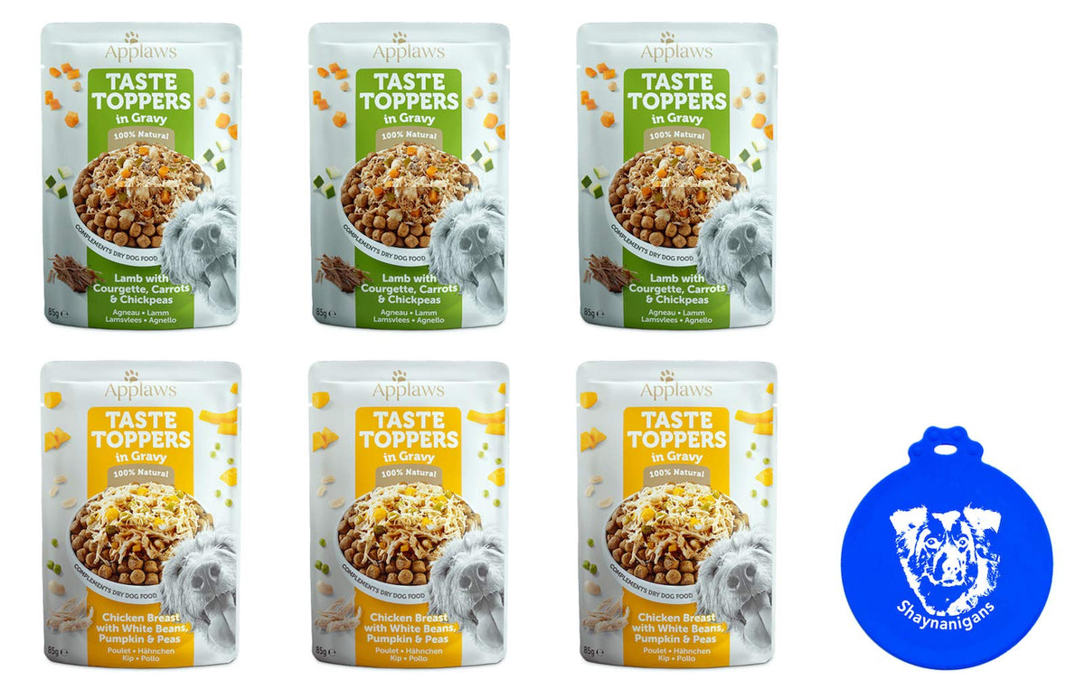 Applaws Taste Toppers Wet Dog Food in Gravy in 2 Flavors: (3) Chicken Breast With White Beans, Pumpkin & Peas and (3) Lamb With Zucchini, Carrot & Chickpeas (6 Pouches Total, 3 Oz Each) + Silicone Lid