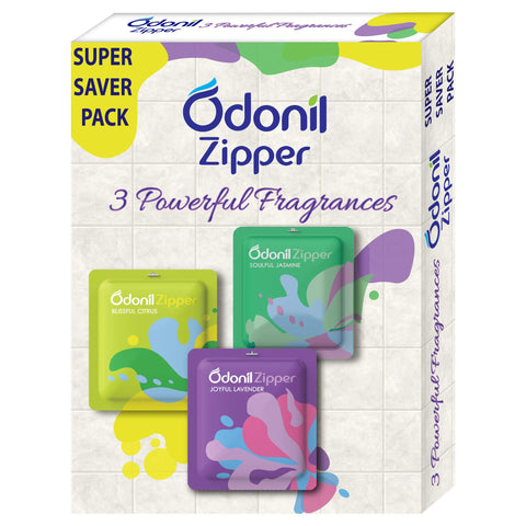 Odonil Bathroom Air Freshener Zipper Mix - 30g (10gx3) | Citrus, Jasmine & Lavender | Instant & Long Lasting Fragrance | Lasts upto 30 days | Germ Protection