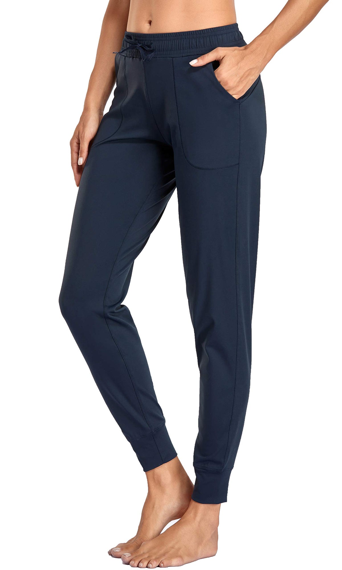 Oalka Women's Joggers High Waist Yoga Pockets Sweatpants Sport Workout Pants Drawstring Navy Blue M