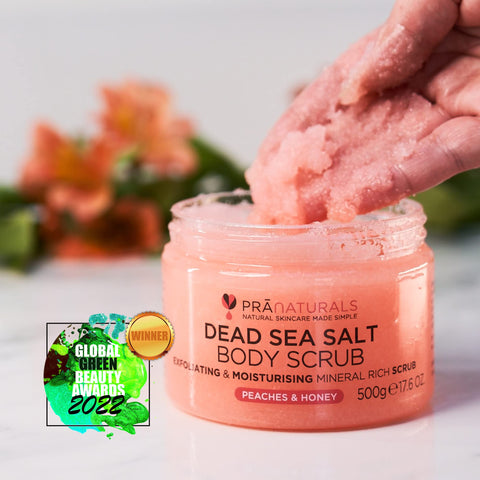 PraNaturals Dead Sea Salt Body Scrub 500G - Hydrating & Moisturising, Natural Oils & Minerals, Exfoliating, Softening & Nourishing, All Skin Types, No Parabens, Vegan & Cruelty Free (Peaches & Honey)