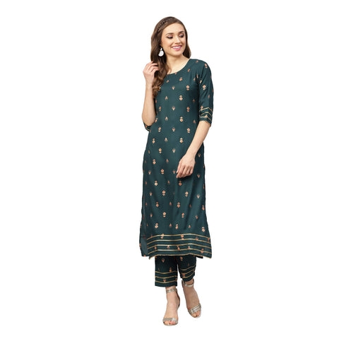 Idalia Women's Print Kurta with Pants S Dark Green