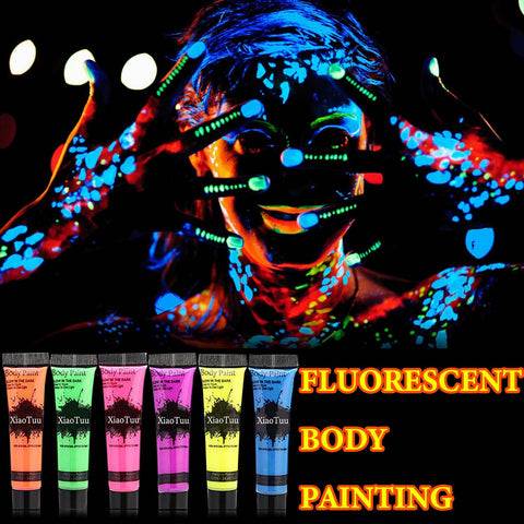 6Pcs Glow in Dark Face Body Paint,Blacklight Neon Fluorescent Long Lasting Face Body Makeup Set Washable Face Body Paint for Halloween,Christmas,Cosplay,Party