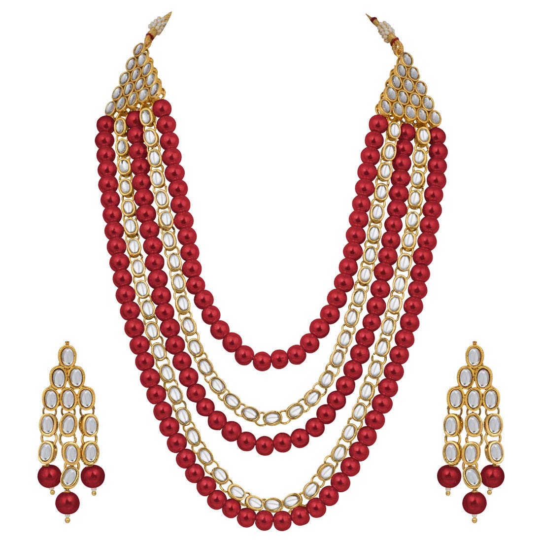 Aheli Kundan Pearl Long Multi Layered Necklace Earrings Set Indian Wedding Jewelry for Women Red