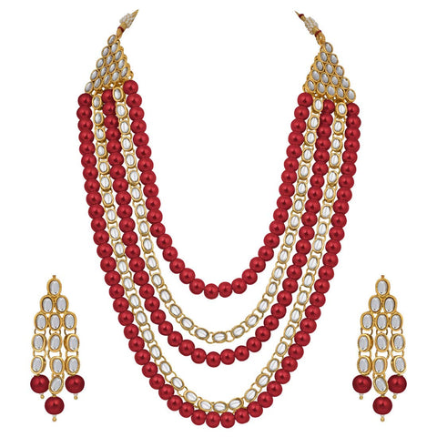 Aheli Kundan Pearl Long Multi Layered Necklace Earrings Set Indian Wedding Jewelry for Women Red