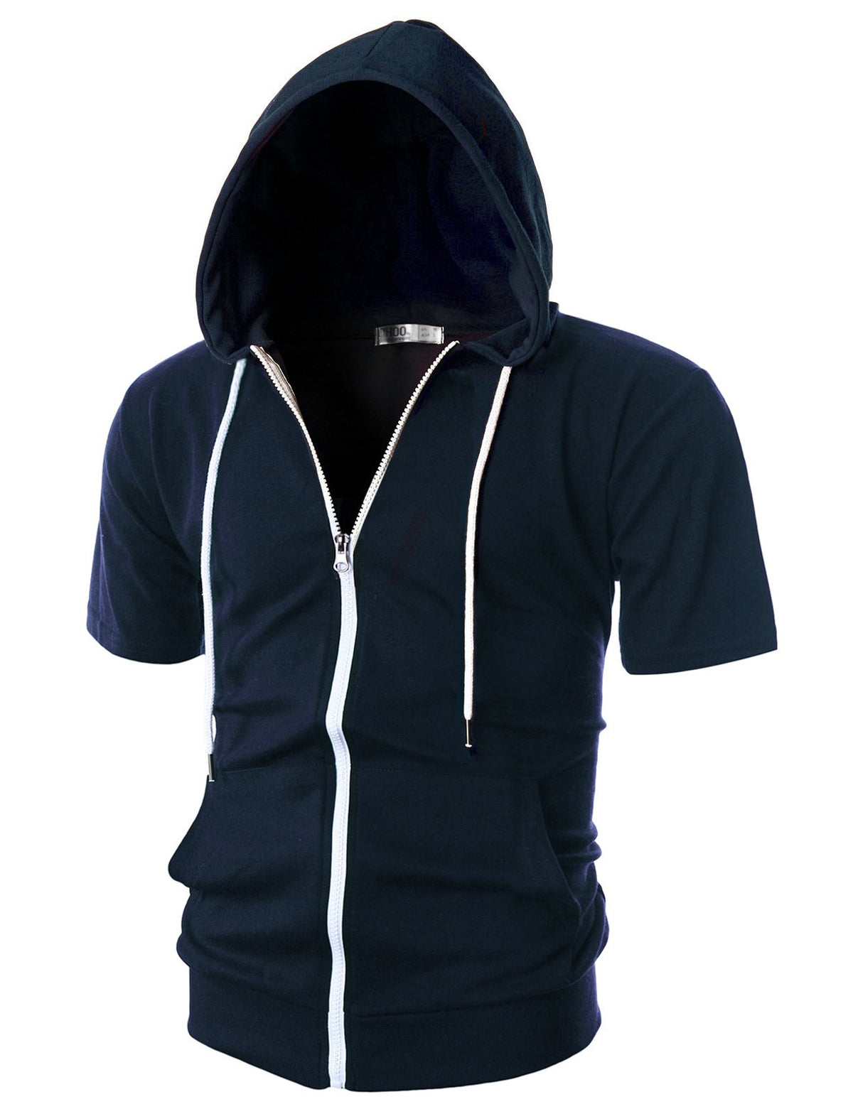 Ohoo Mens Slim Fit Zip up Hoodie Short Sleeve Thin Jacket Full Zip Sweatshirt with Kanga Pocket / DCF007-NAVY-2XL