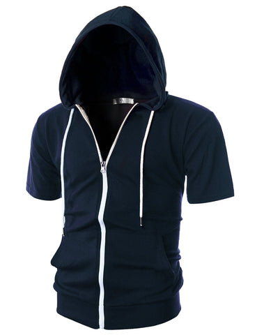 Ohoo Mens Slim Fit Zip up Hoodie Short Sleeve Thin Jacket Full Zip Sweatshirt with Kanga Pocket / DCF007-NAVY-2XL