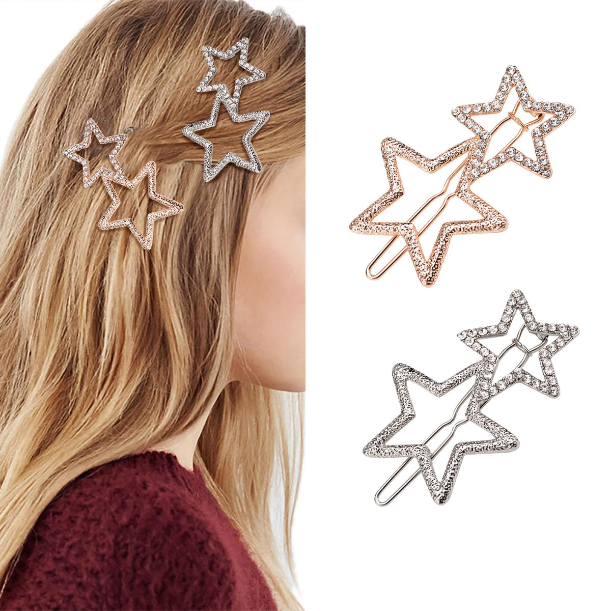 2Pcs Hollow Star Hair Clips, Non-Slip Metal Geometric Hairpin, Elegant Rhinestone Hair Barrettes for Women Lady Girls Styling Hair Accessories (Golden & Silver)