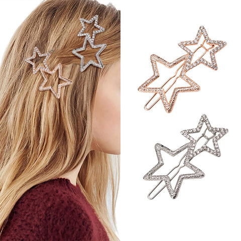 2Pcs Hollow Star Hair Clips, Non-Slip Metal Geometric Hairpin, Elegant Rhinestone Hair Barrettes for Women Lady Girls Styling Hair Accessories (Golden & Silver)