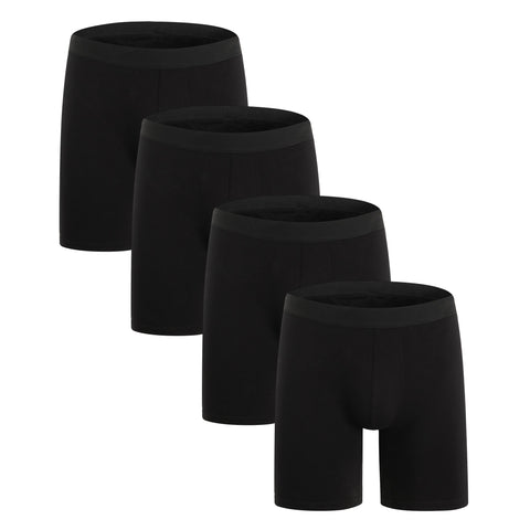 ZLYC Mens Long Leg Cotton Boxer Brief Underwear, 4 Pack Black, L