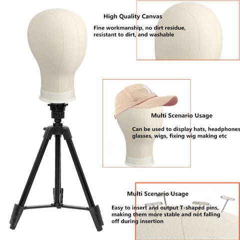 lucicass Wig Head 22Inch Canvas Block Head Wig Stand with Mannequin Head 55" Wig Stand Tripod with Head Mannequin Head Stand with Head for Wigs Making Display(22Inch, White)