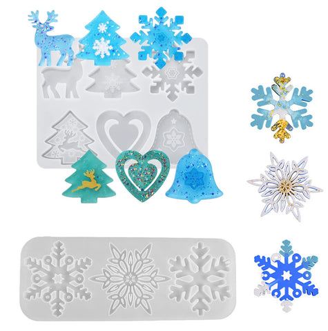 2 Pieces Silicone Christmas Snowflake Decor Resin Epoxy Mold, Jewelry Pendant Charms Casting Mould Xmas Party Tree Hanging Ornaments Pendant Keychain Molds DIY Clay Wax Craft Handmade Gift