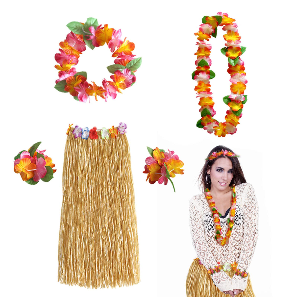 FUIPVGI Hawaiian Hula Skirt Costume Set, Hawaiian Garlands Hula Grass Skirt Set for Adults, Hawaiian Party Fancy Dress Costume, Hawaii Leis, for Hawaii Costume Tropical Luau Party Supplies (5 Pcs)
