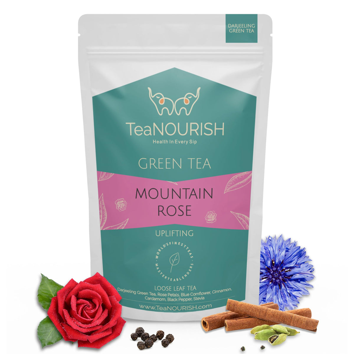 TeaNOURISH Mountain Rose Green Tea | Loose Leaf Tea | Blended with Rose Petals, Blue Cornflower & Cinnamon | 100% NATURAL INGREDIENTS | Brew Hot or Iced Tea - 1.76oz/50g