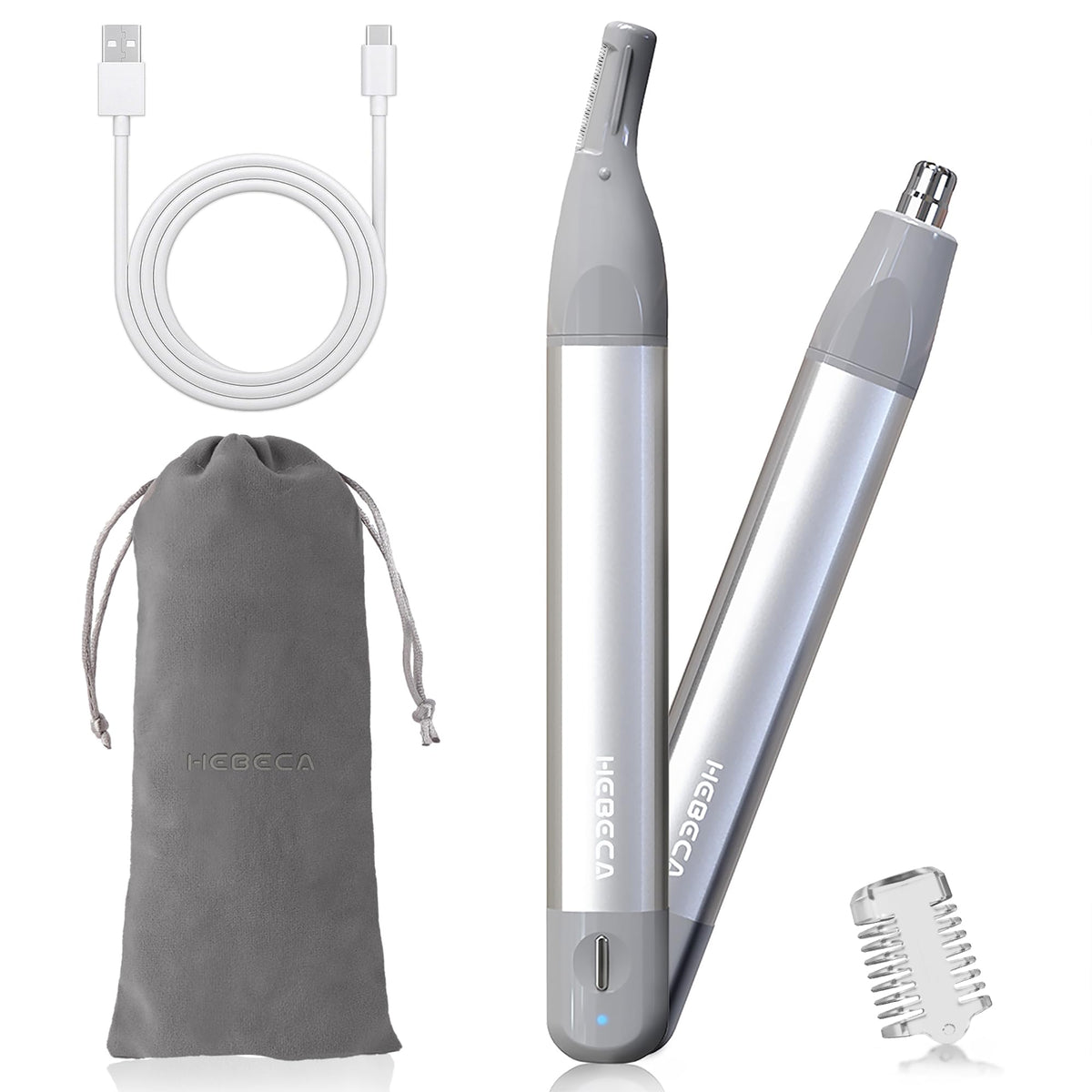 HEBECA Nose Hair Trimmer for Men - Eyebrow Razor Facial Hair Removal for Women Men - 2 in1 Nose Trimmer Men Waterproof Portable Rechargeable (Silver)