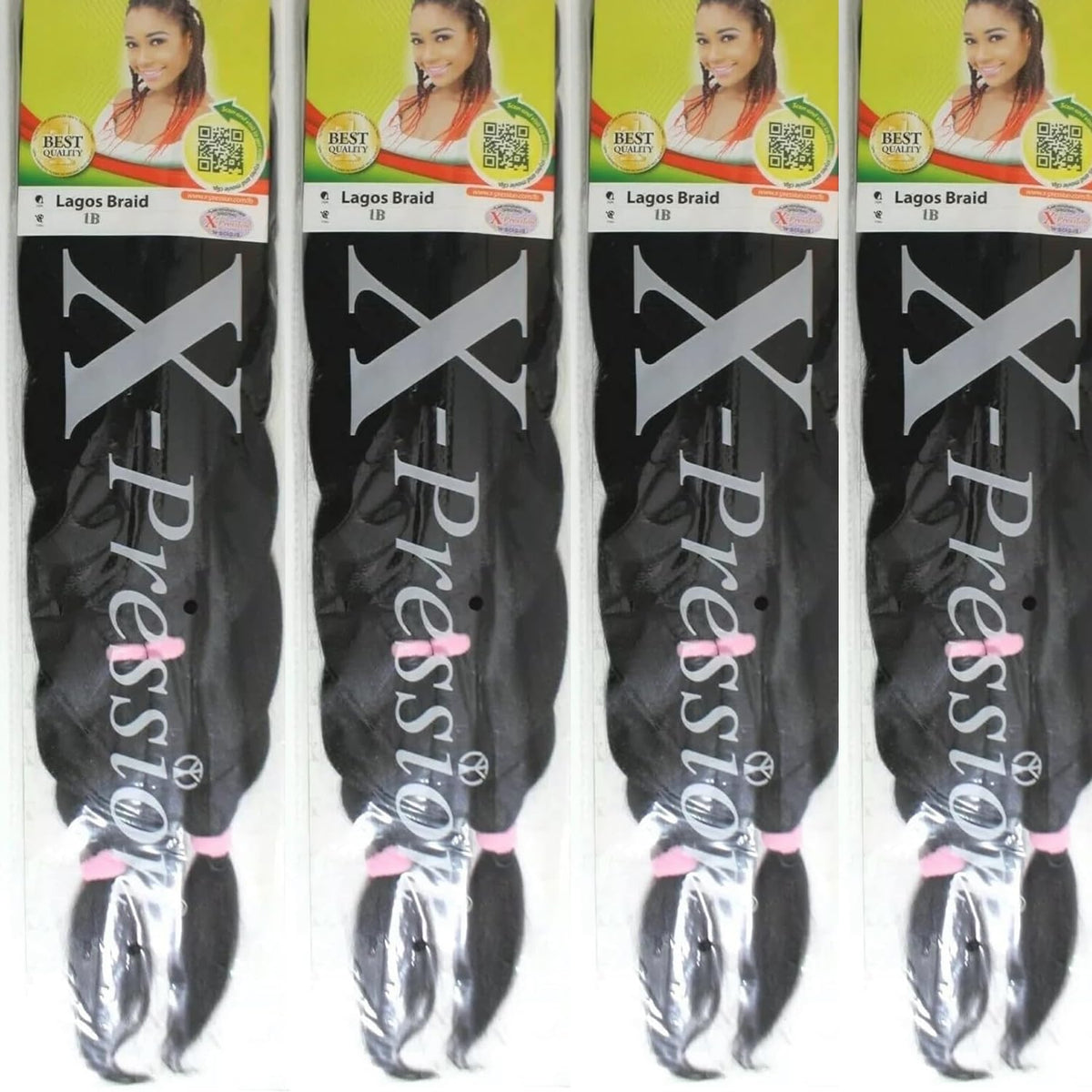 X-Pression 1B 4 PACK XPRESSION LAGOS BRAID Pre-Pulled Hair Extension , 42? & 46? Pack , (Colour 1B, Natural Black), 4.0 count