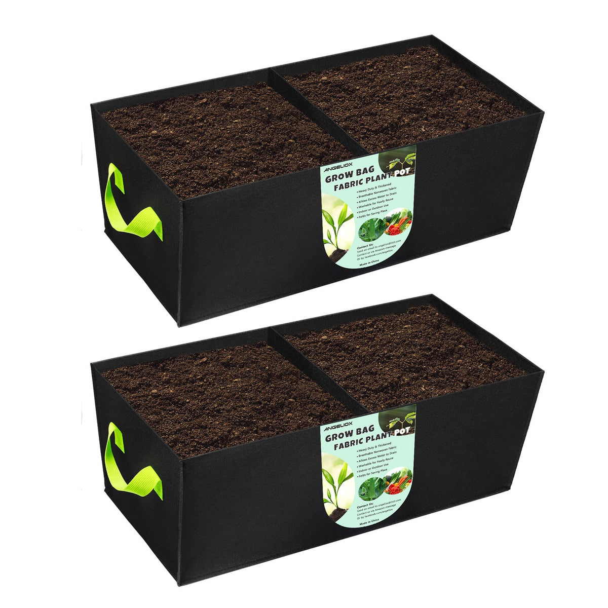 2 Pack Plant Grow Bags,ANGELIOX 2-Grids Rectangle Grow Bag,10 Gallon Heavy Duty 400G Fabric Garden Bed, Square Nonwoven Flower Planter Containers for Vegetable ,Flowers,Fruit/Growing Pots with Handles