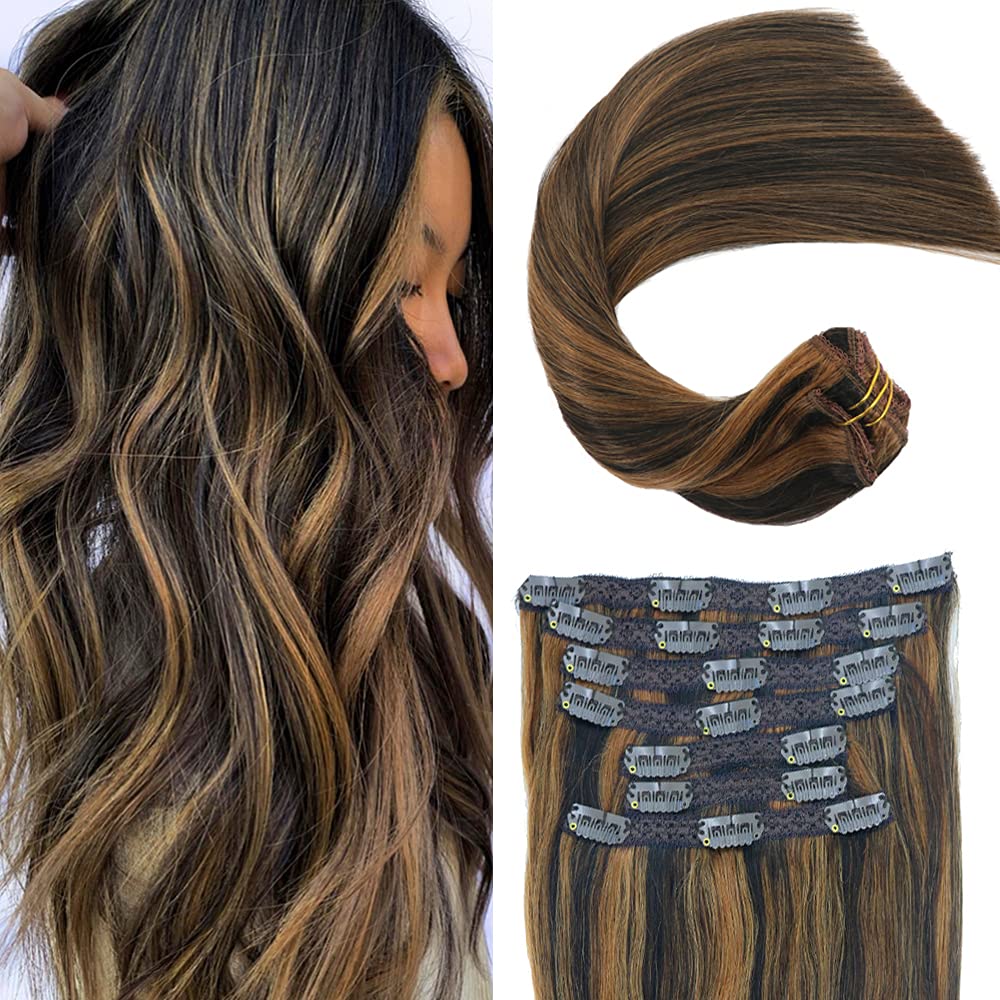 Eufficco Real Human Hair Lace Clip In Hair Extensions Thick ends Highlights Piano Color Off Black/Chestnut Blonde 14inch 100g Double Wefted Silky Soft Human Hair Extensions