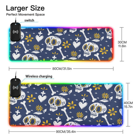Dead Day Sugar Skull Halloween Wireless Charging Mouse Pad for Mobile Phone Extra Large Gaming Mousepad with 13 Lighting Modes Extended Desk Mat for MacBook PC Laptop Desk Office Home Gaming