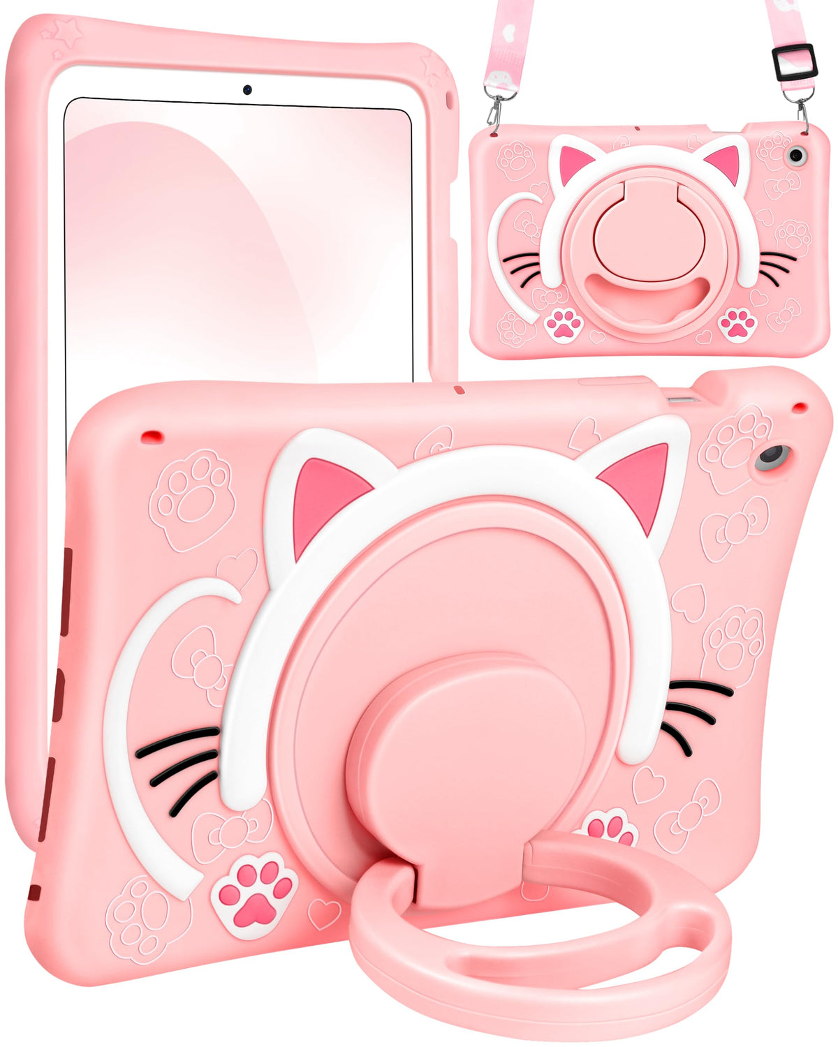 Wazzasoft for Samsung Galaxy Tab A8 10.5 Case Girls Cute Cat Kawaii Cover Girly 3D Cartoon Women Kitten with Rotating Handle Stand & Strap Soft Silicone Funda for Samsung A8 Tablet Cases