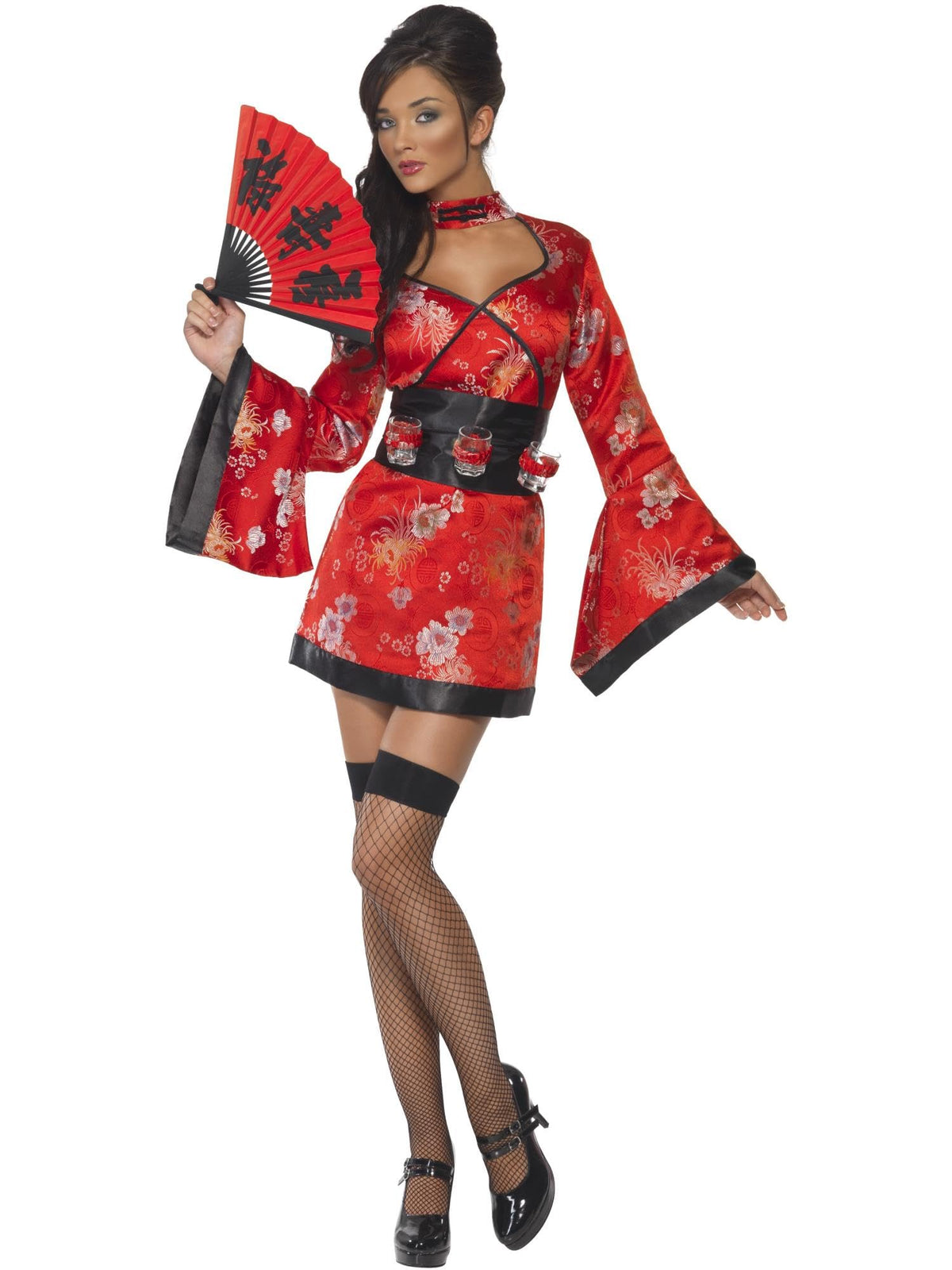 Smiffys Vodka Geisha Costume, Red Dress and Belt with Shot Glass Holders, Around The World Fancy Dress, Comedy Dress Up Costumes