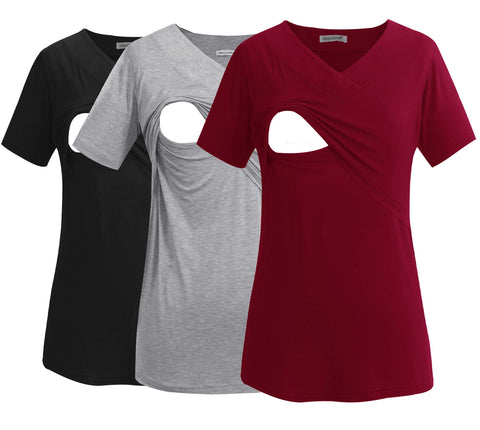Smallshow Women's V Neck Nursing Tops Shirts Breastfeeding Clothes 3-Pack X-Large Black-Light Grey-Wine
