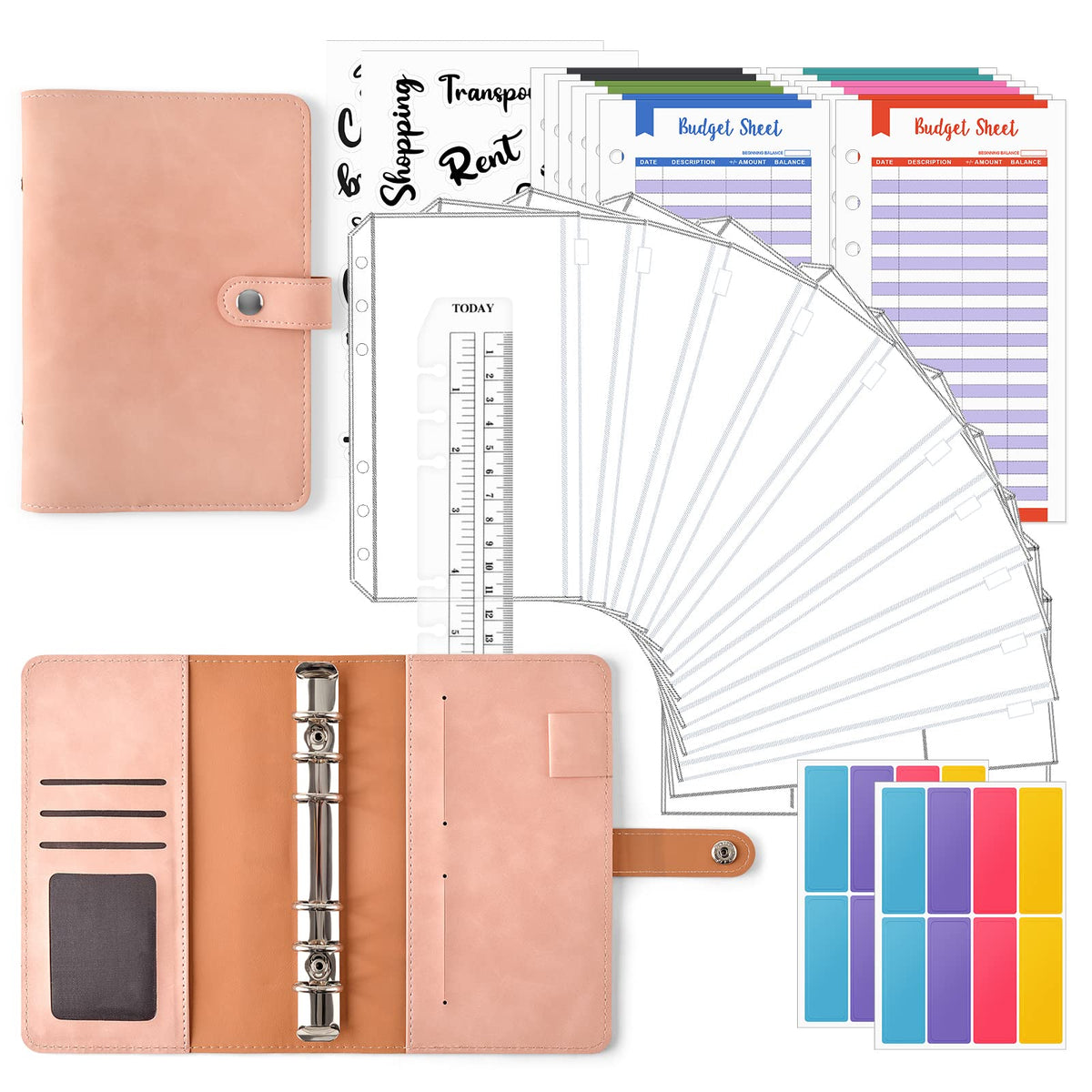 TOYESS 30Pcs Budget Binder Set for Money Saving Wallet, A5 Leather Money Binder with 12 Cash Envelopes, 12 Budget Sheets, Ring Binder Money Organiser for Budget Planner, Pink