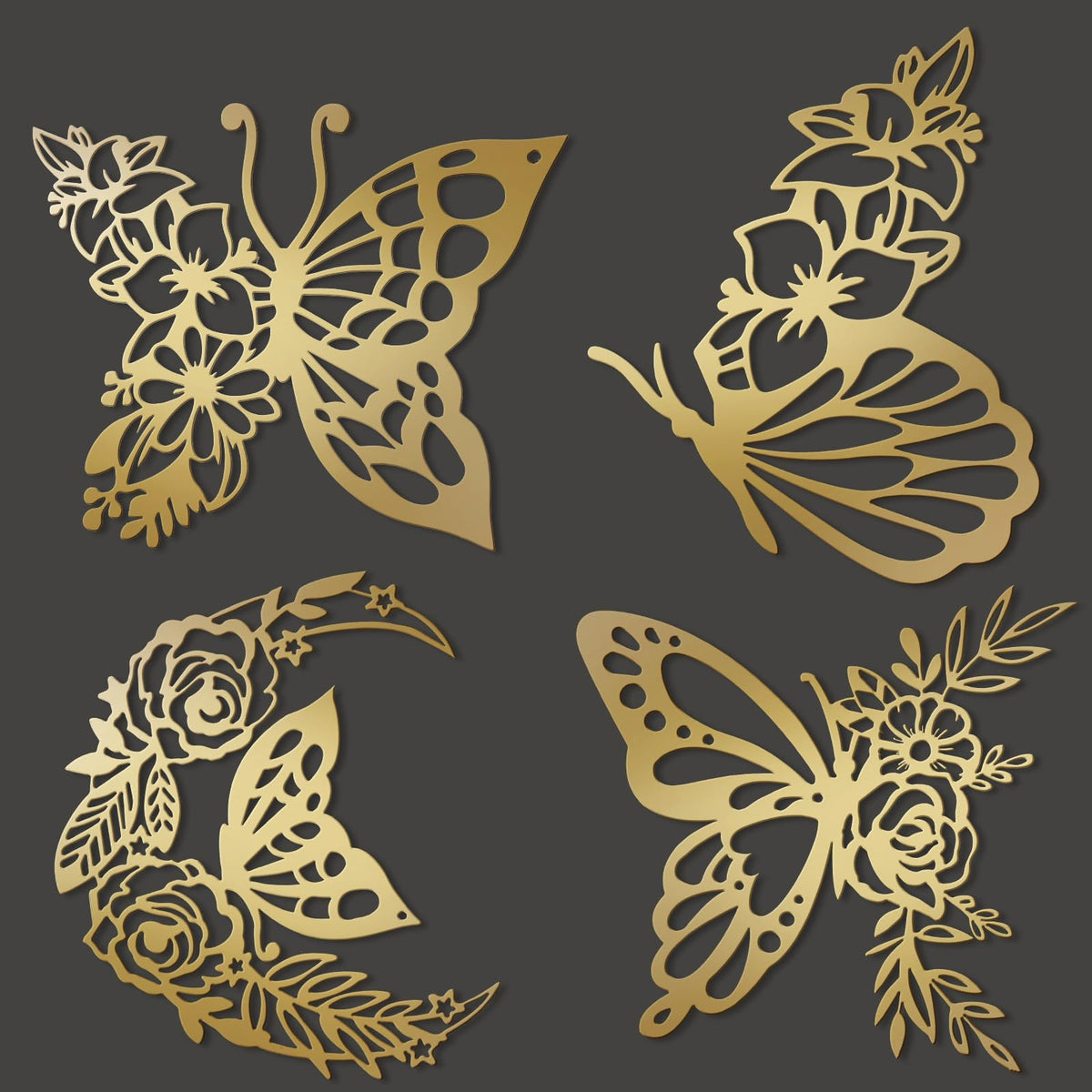 LOYIM 4 Pcs Butterfly Wall Decoration Metal Butterfly Wall Decor Metal Leaf Wall Art Moon Phases Floral Boho Wall Hanging Home Flower Appearance for Bedroom Living Room Home Indoor (Gold,Vivid)