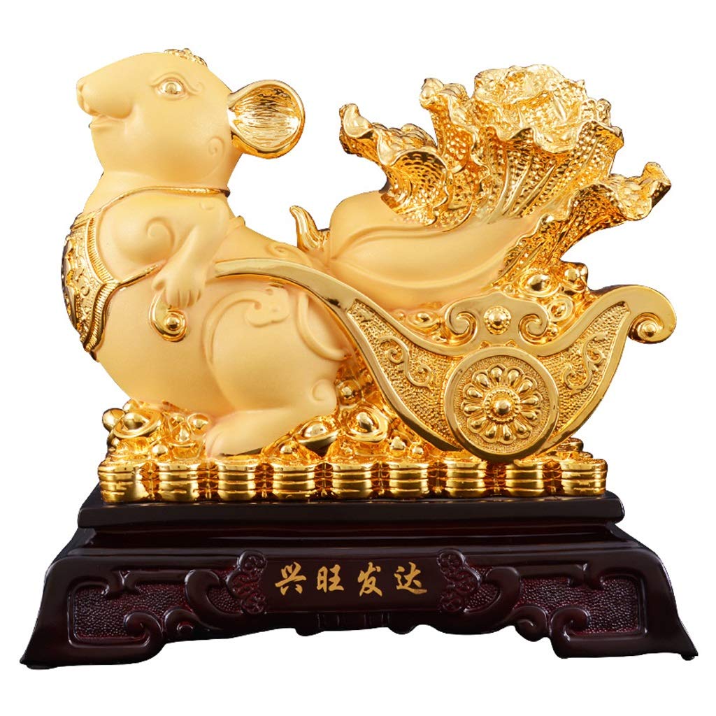 Fengshui Figurines 2020 Chinese Zodiac Rat Year Golden Resin Rat With Feng Shui Baicai/cabbage Collectible Figurines Table Decor Statue Prosperity Sculpture Home Decor