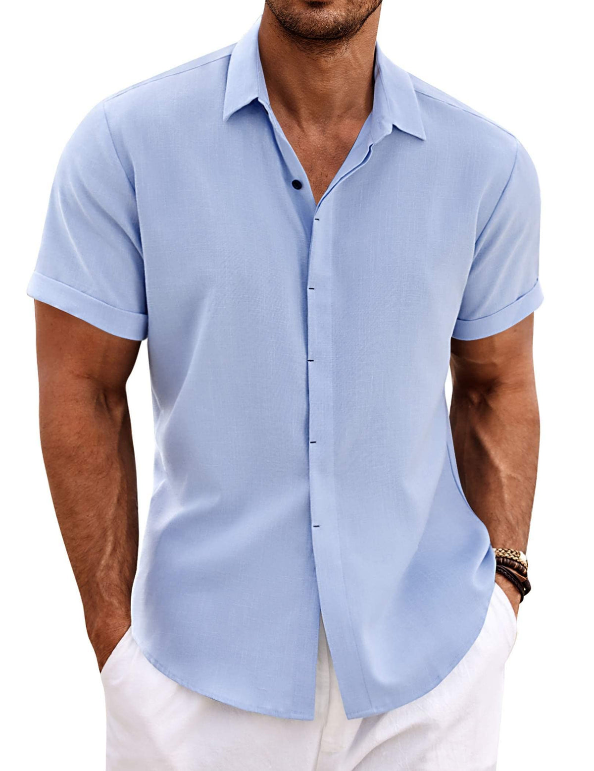 COOFANDY Men's Linen Shirts Short Sleeve Casual Shirts Button Down Shirt for Men Beach Summer Wedding Shirt Clear Blue