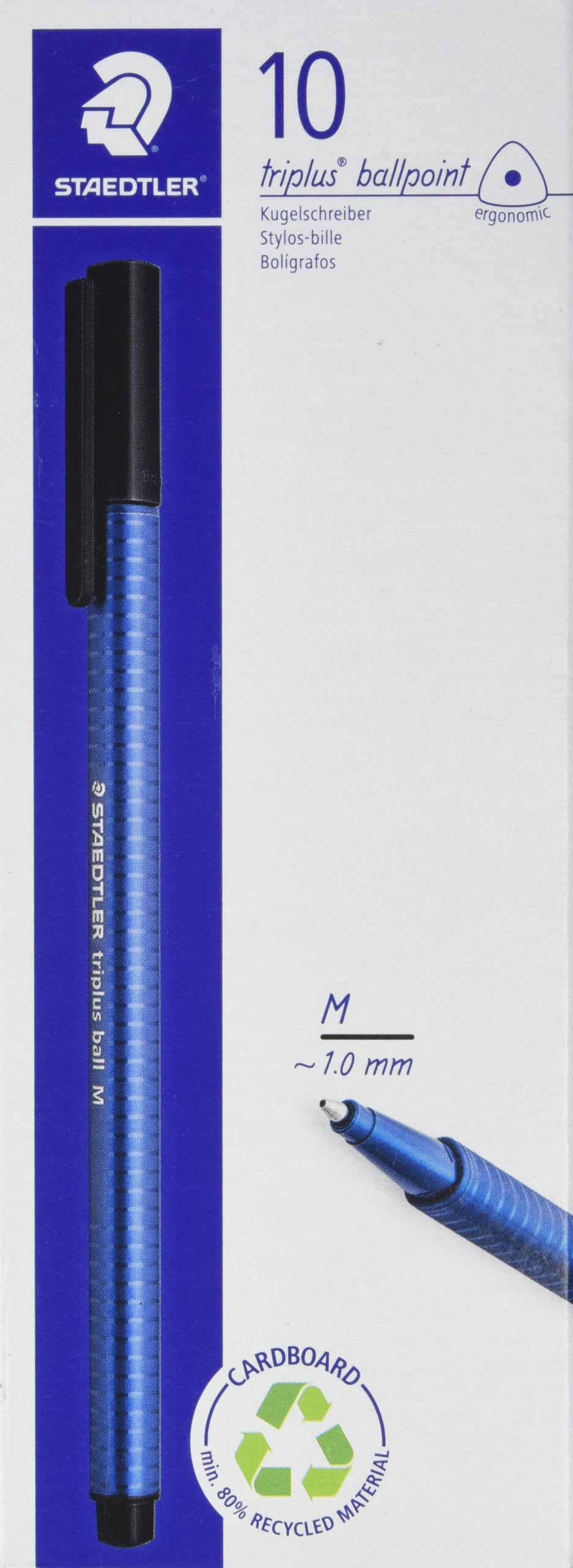 STAEDTLER 437 M-3 VE Triplus Ball Pen (Ergonomic Triangular Shaft, Line Width M, Colour Blue, Smudge-Proof, Cardboard Case with 10 Ballpoint Pens)