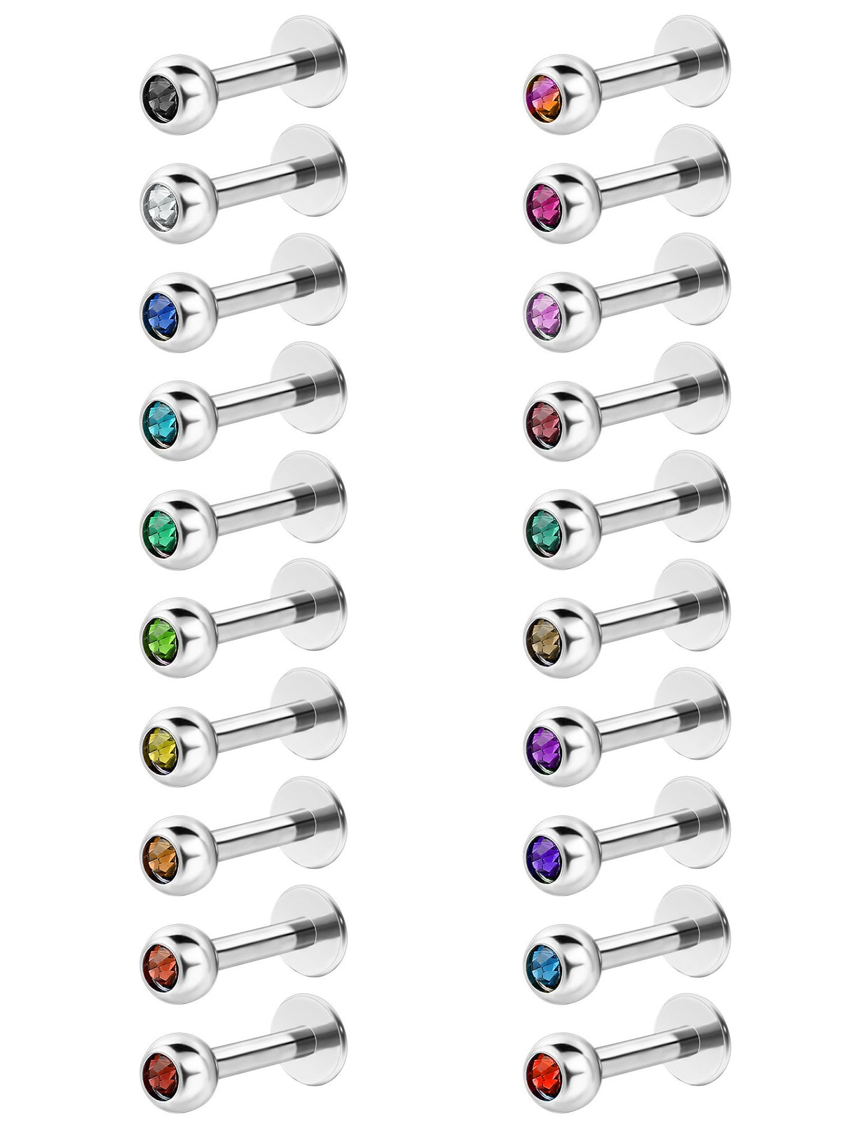 20 Pieces Stainless Steel Lip Labret Cubic Zirconia Nose Stud Barbell Body Piercing, 16 Gauge, Assorted Colors