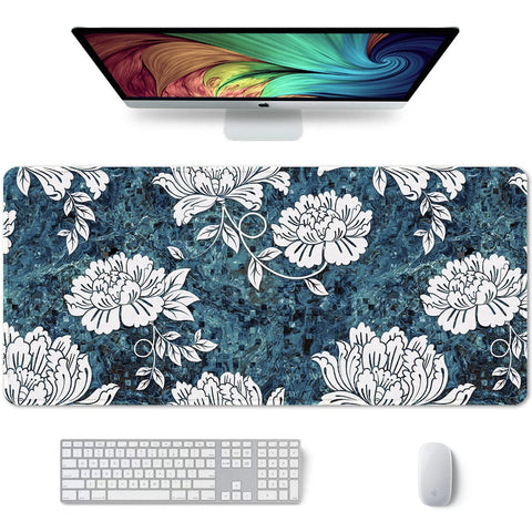 Auhoahsil Large Gaming Mouse Pad, XXL Desk Pad, 35 x 15 Inch, Non-Slip Rubber Base, Stitched Edges, Superior Surface, Waterproof Keyboard Mat, Large Mousepad for Gamer, Office & Home, White Peony