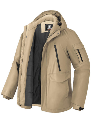Pioneer Camp Men's Winter Coat Waterproof Fleece Lined Warm Winter Jacket with 9 Pockets Insulated Windproof Hooded Parka Khaki S